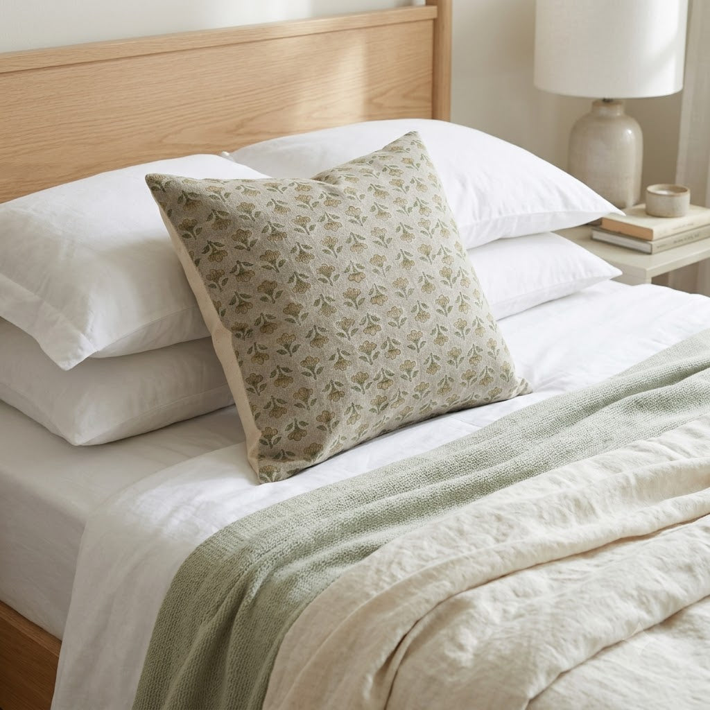 Madeline Olive Linen Block Print Pillow Cover