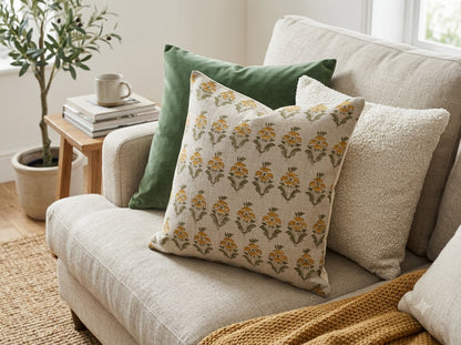 Ariana  Olive Linen Block Print Pillow Cover