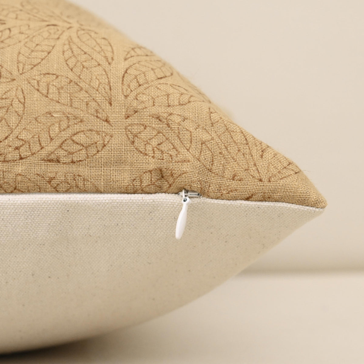 Corner and hidden zipper detail on Mandala linen pillow cover