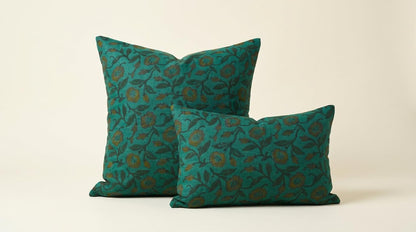 Hidden zipper closure on teal wild rose block print cushion cover