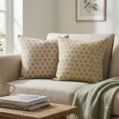 Madeline pink Linen Block Print Pillow Cover
