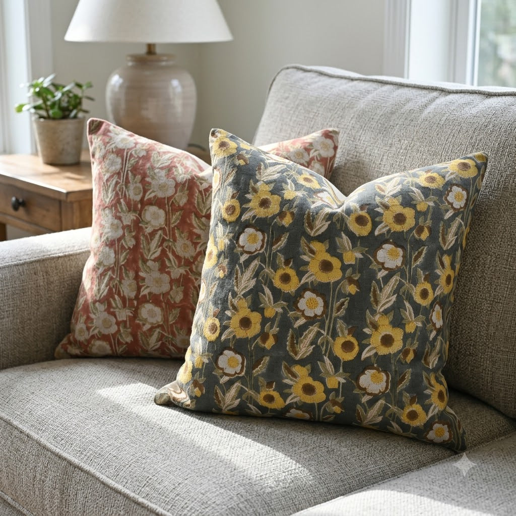 Maria Mustard Linen Block Print Pillow Cover