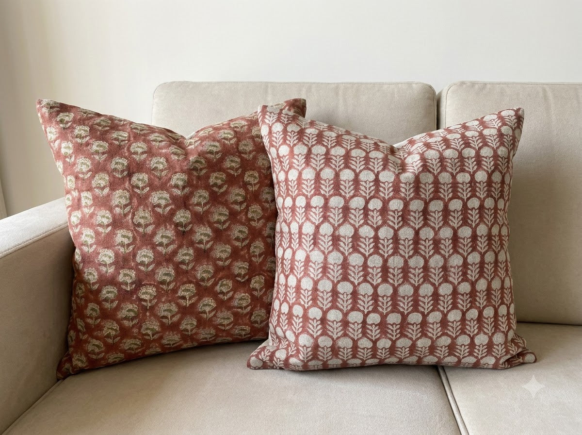 Thalor Rust Linen Block Print Pillow Cover