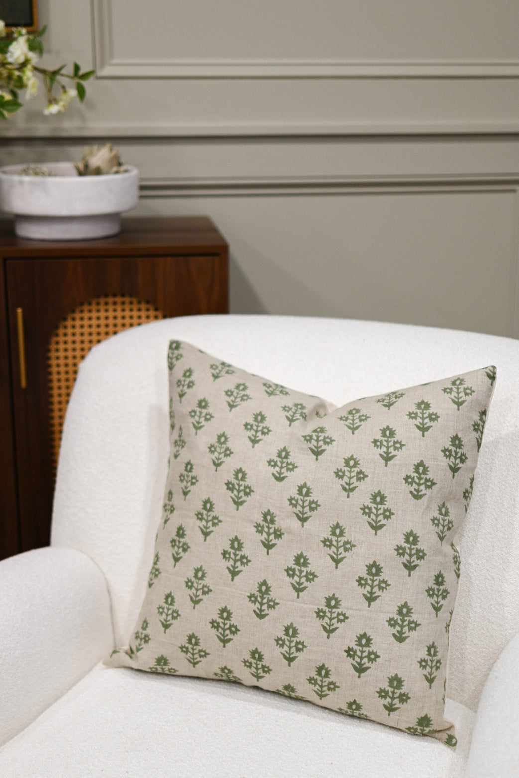 Annette Sage Olive Green Block Print Pillow Cover