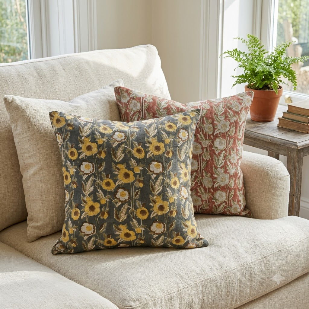 Maria Mustard Linen Block Print Pillow Cover