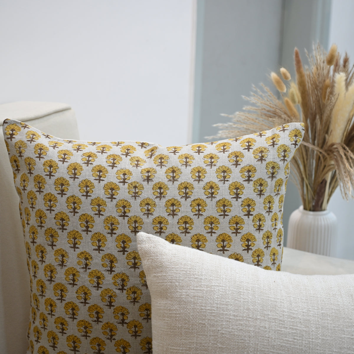 Summer Mustard  Linen Block Print Pillow Cover