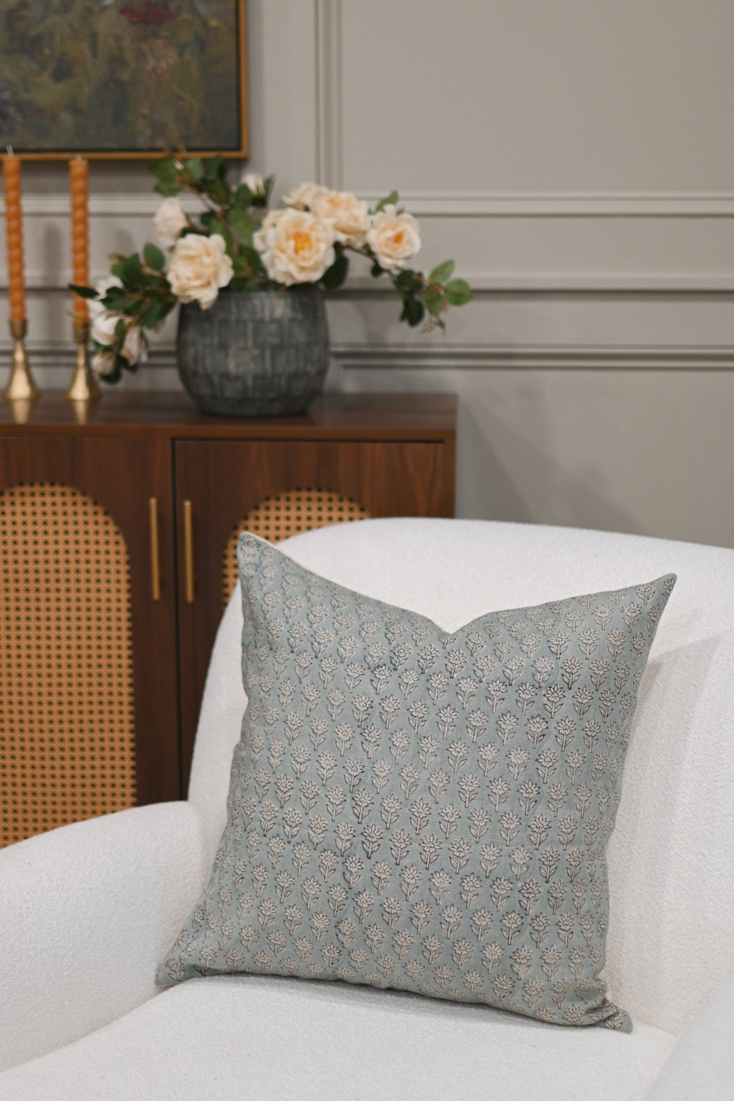 Celine Muted Dusty Blue Block Print Pillow Cover