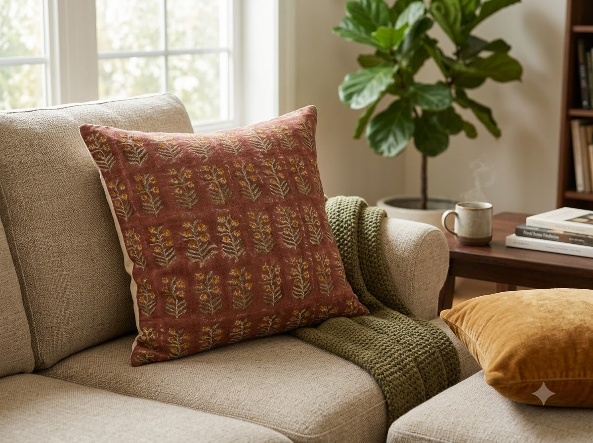 Diana Mustard Linen Block Print Pillow Cover