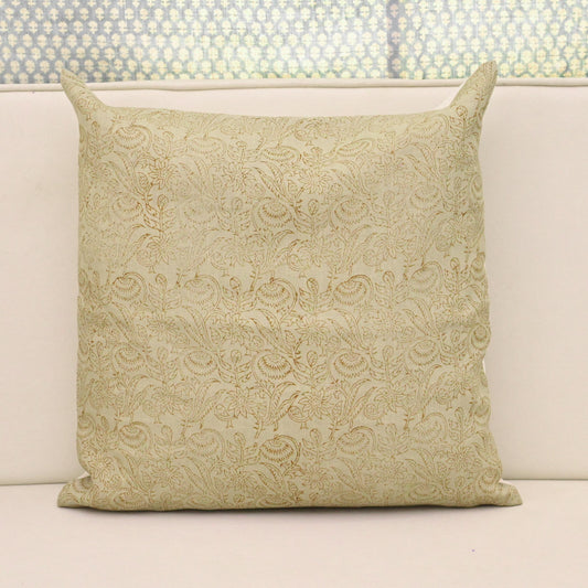 Sage green chintz vine block print linen pillow cover styled on a sofa