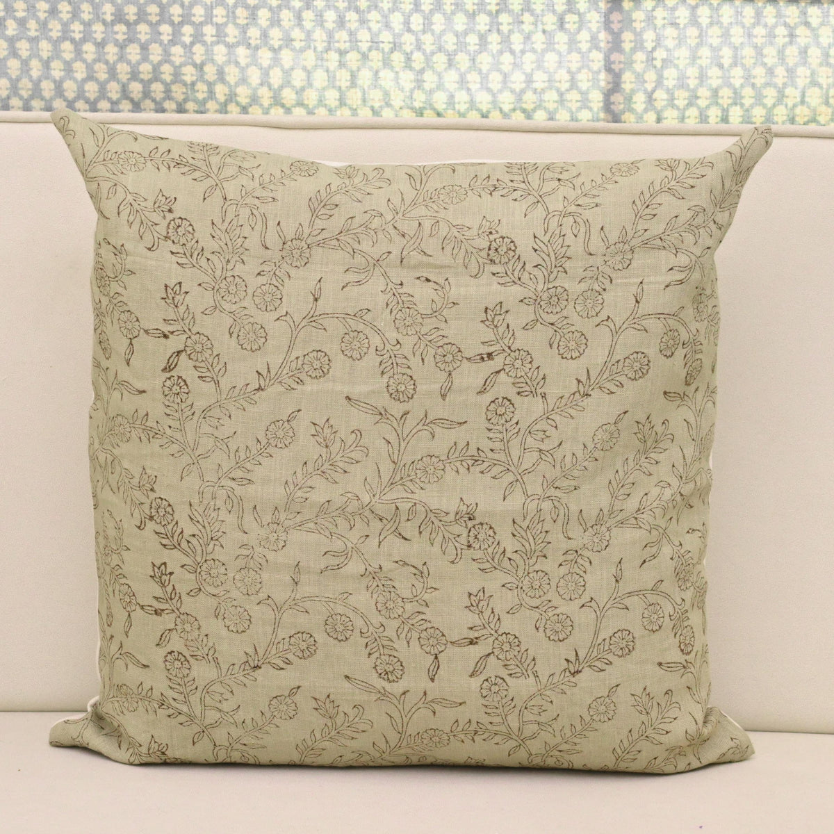 Rustica Sage Chintz Block Print Linen Pillow Cover