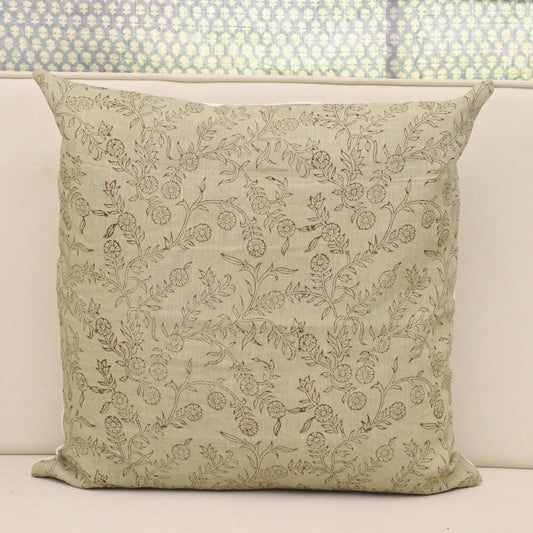 Rustica Sage Chintz Block Print Linen Pillow Cover