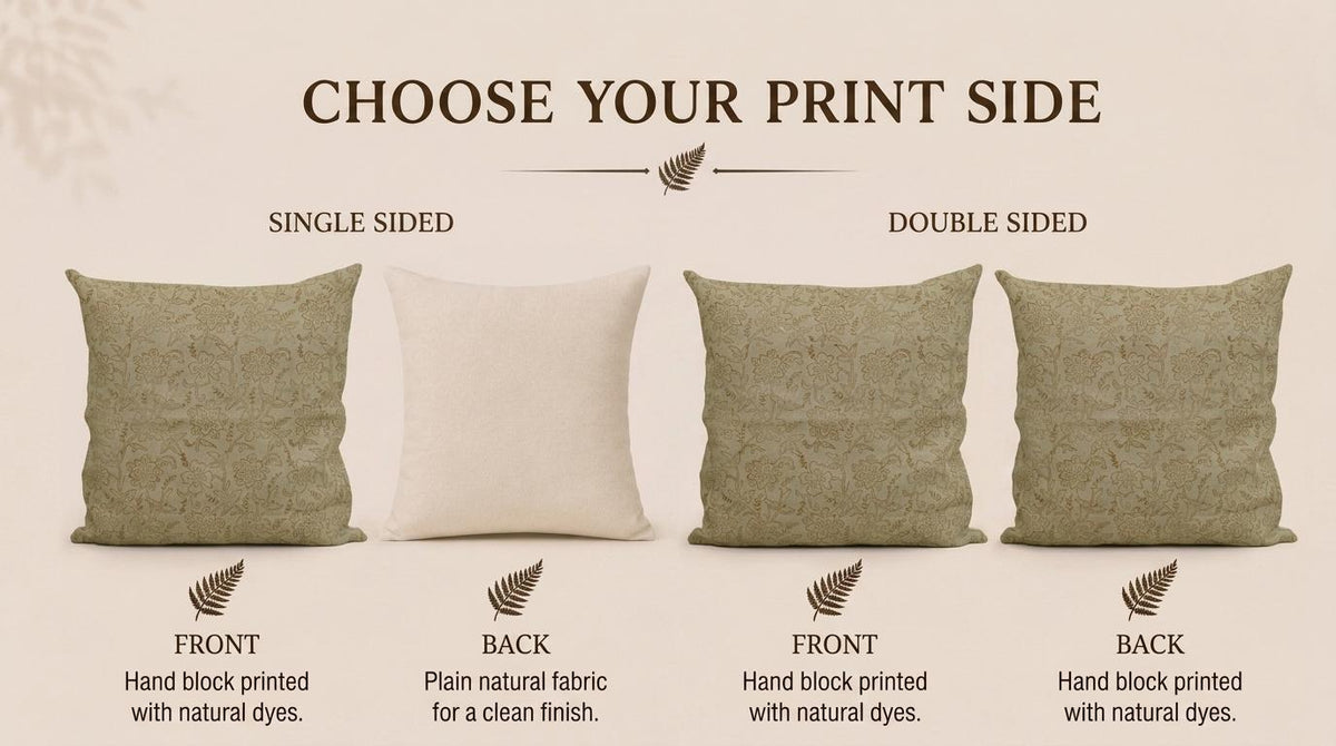 Stack of sage green chintz jaal block print pillow covers