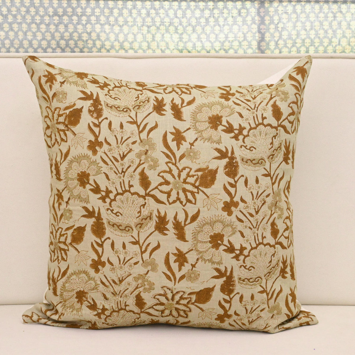 English Rose Vine Block Print Linen Pillow Cover