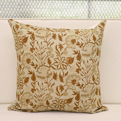 English Rose Vine Block Print Linen Pillow Cover