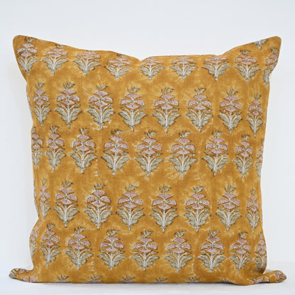 Ariana Mustard Linen Block Print Pillow Cover