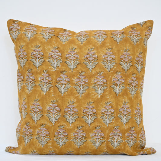 Ariana Mustard Linen Block Print Pillow Cover