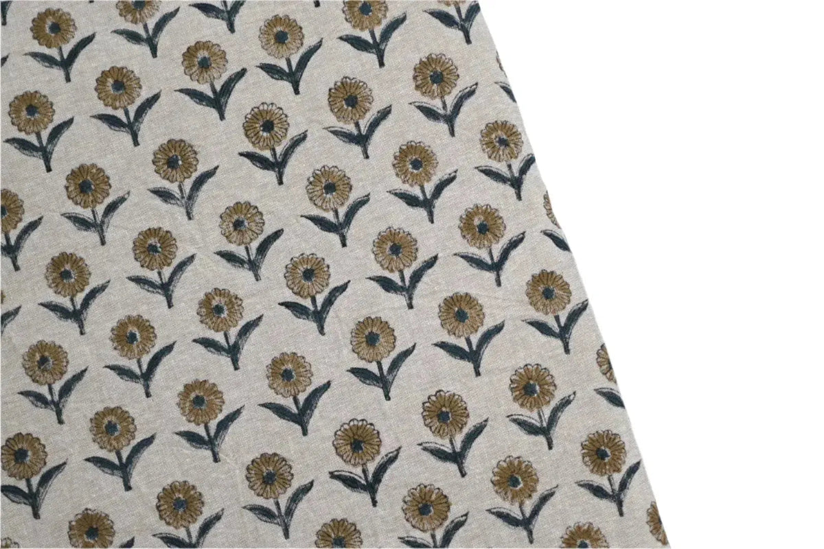 Beige Floral Block Print Tablecloth