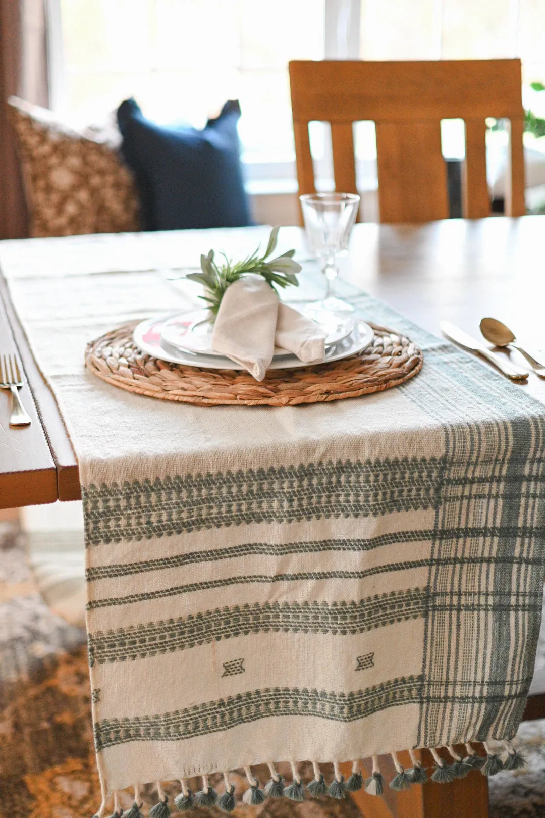 Bhujodi Table Runner - Blue and Cream - Maple Village Lane