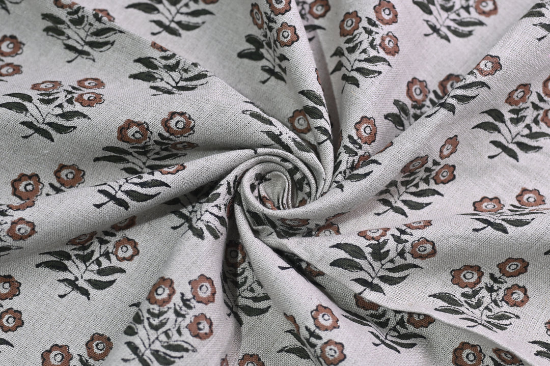 Rust Botanical Sprig Hand Block Print Linen Fabric | Yellow & Red