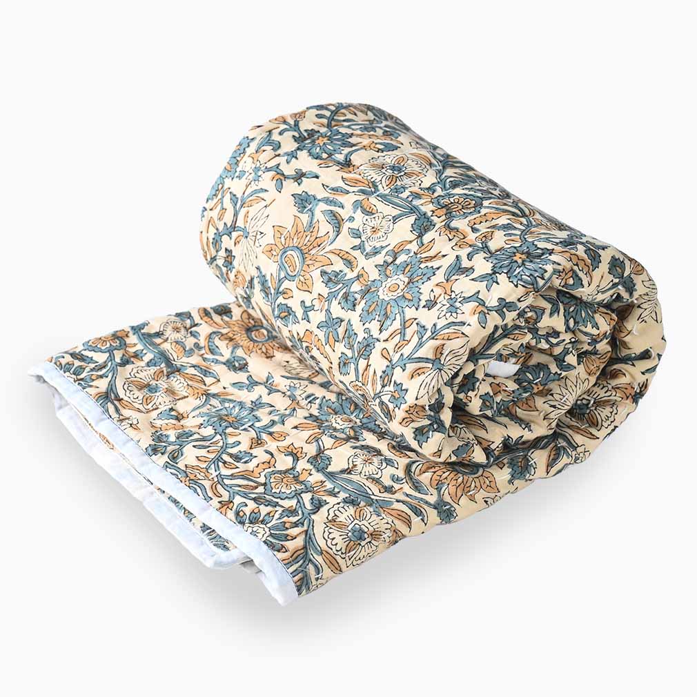 Lotus Hand Block Printed Quilt