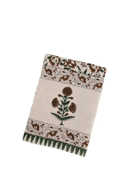 Brown and Green Floral Block Print Tablecloth