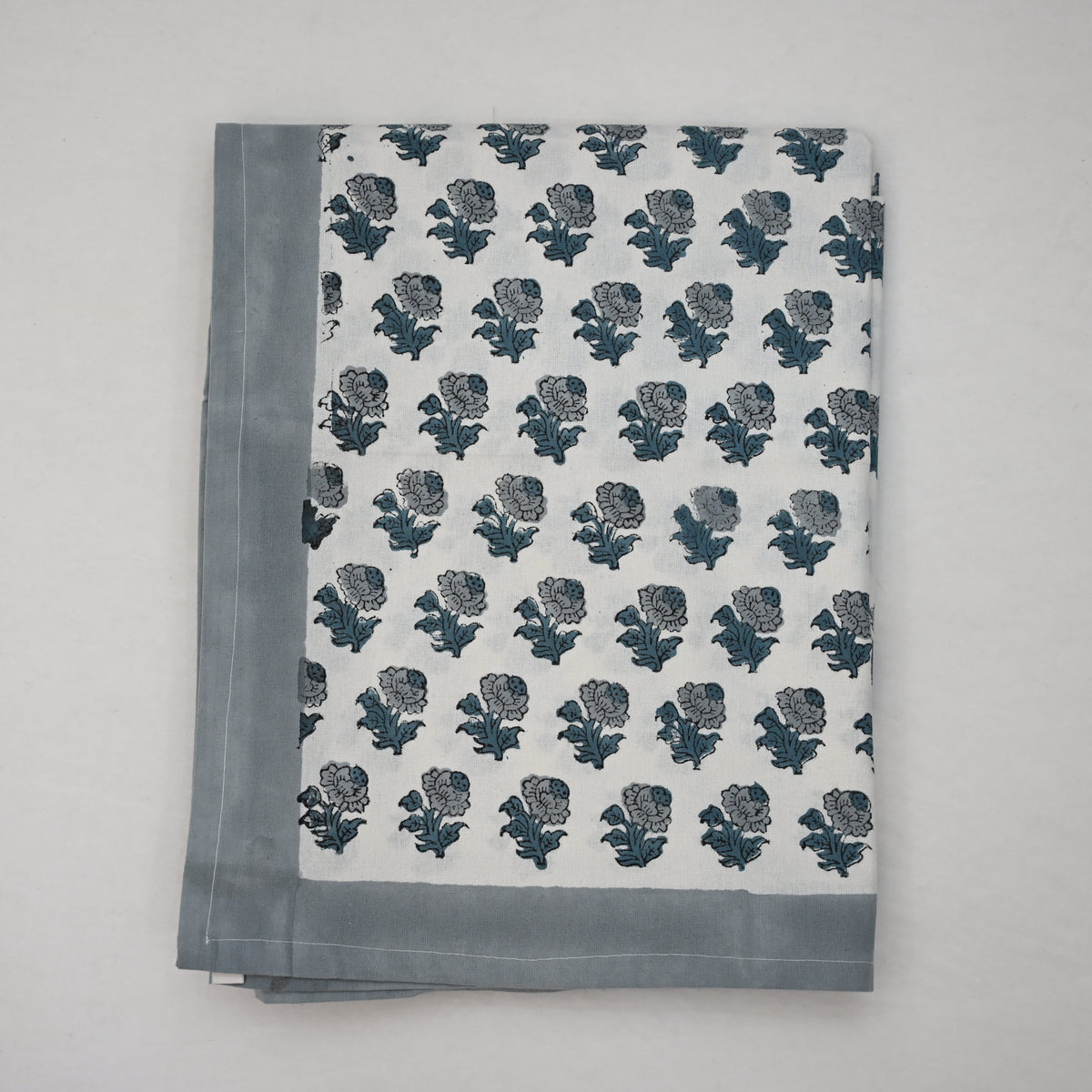 Granit Floral Blue Cotton Tablecloth - Single Border