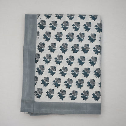 Granit Floral Blue Cotton Tablecloth - Single Border