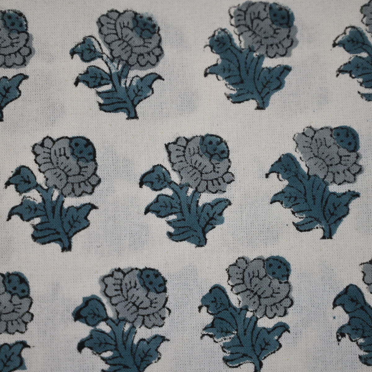 Granit Floral Blue Cotton Tablecloth - Single Border