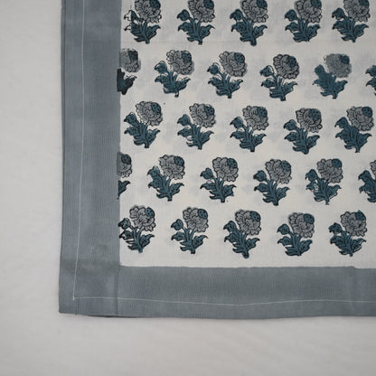 Granit Floral Blue Cotton Tablecloth - Single Border