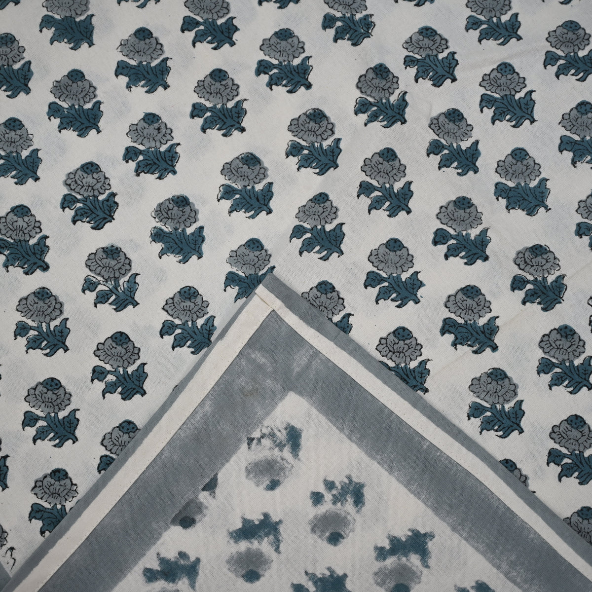Granit Floral Blue Cotton Tablecloth - Single Border