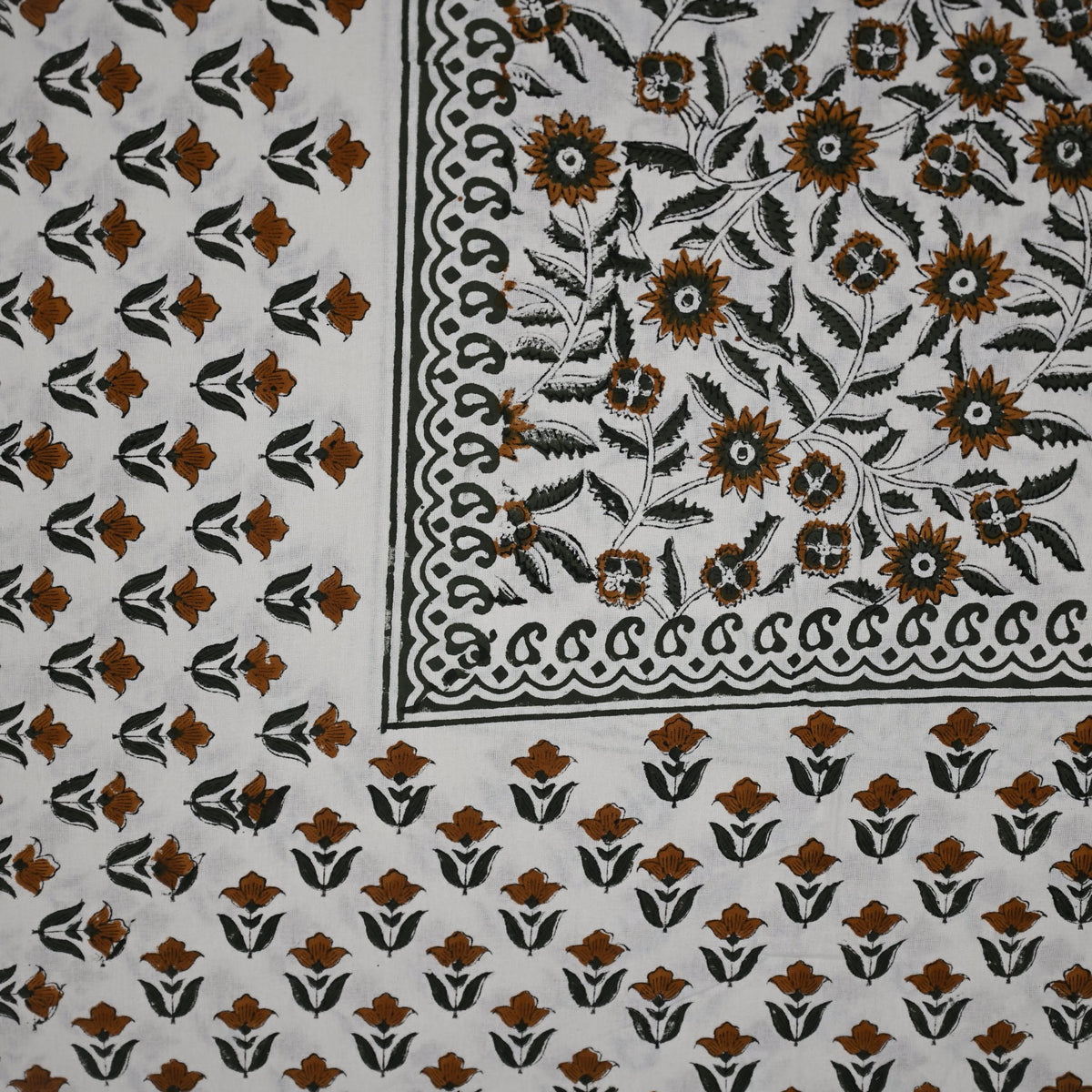 Larry Floral Rust Brown Cotton Tablecloth - Two Border
