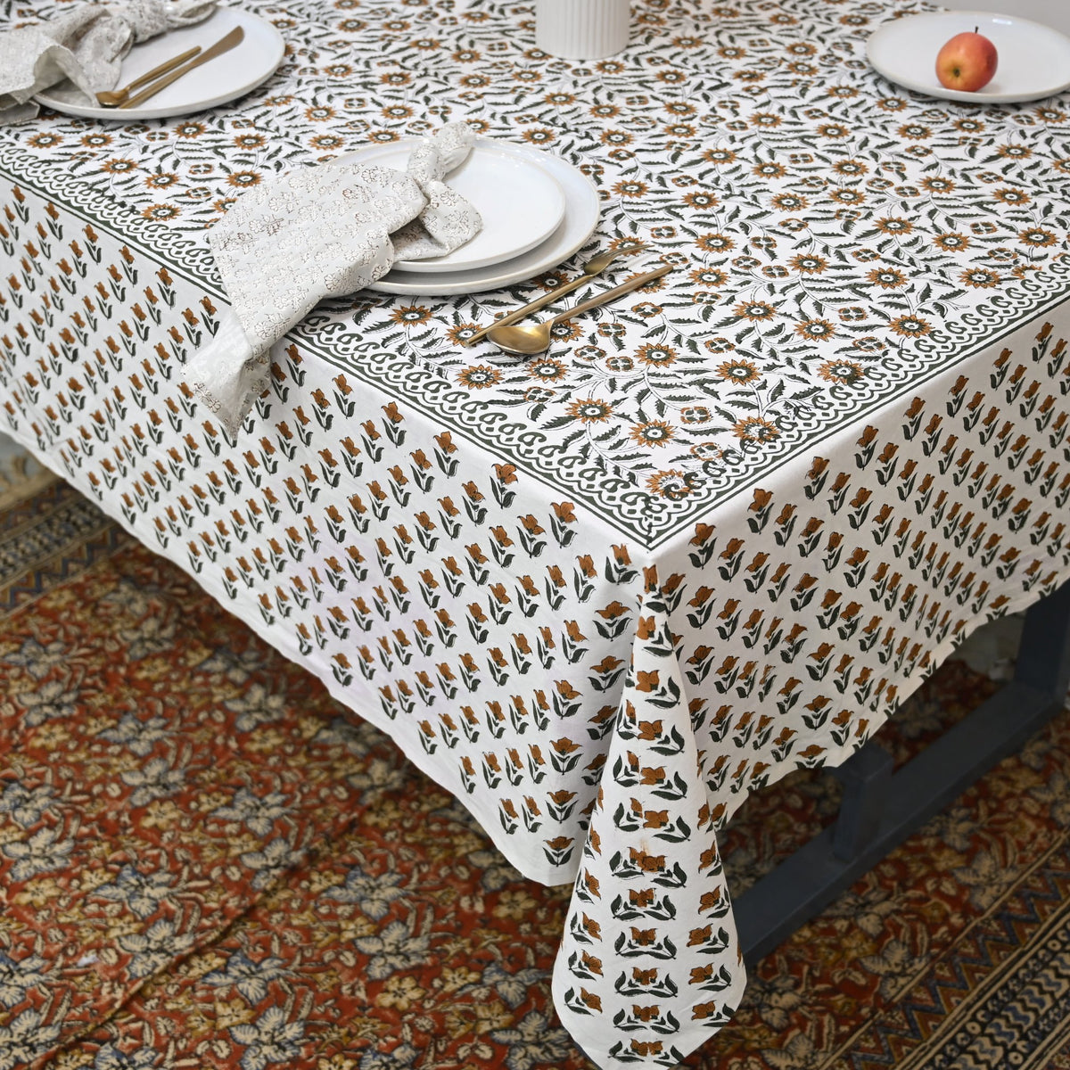 Larry Floral Rust Brown Cotton Tablecloth - Two Border