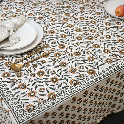 Larry Floral Rust Brown Cotton Tablecloth - Two Border