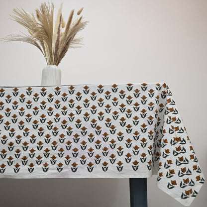 Larry Floral Rust Brown Cotton Tablecloth - Two Border