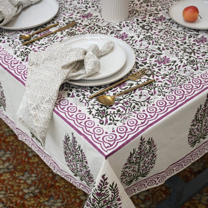 Solace Floral Purple Cotton - Tablecloth - Three Border