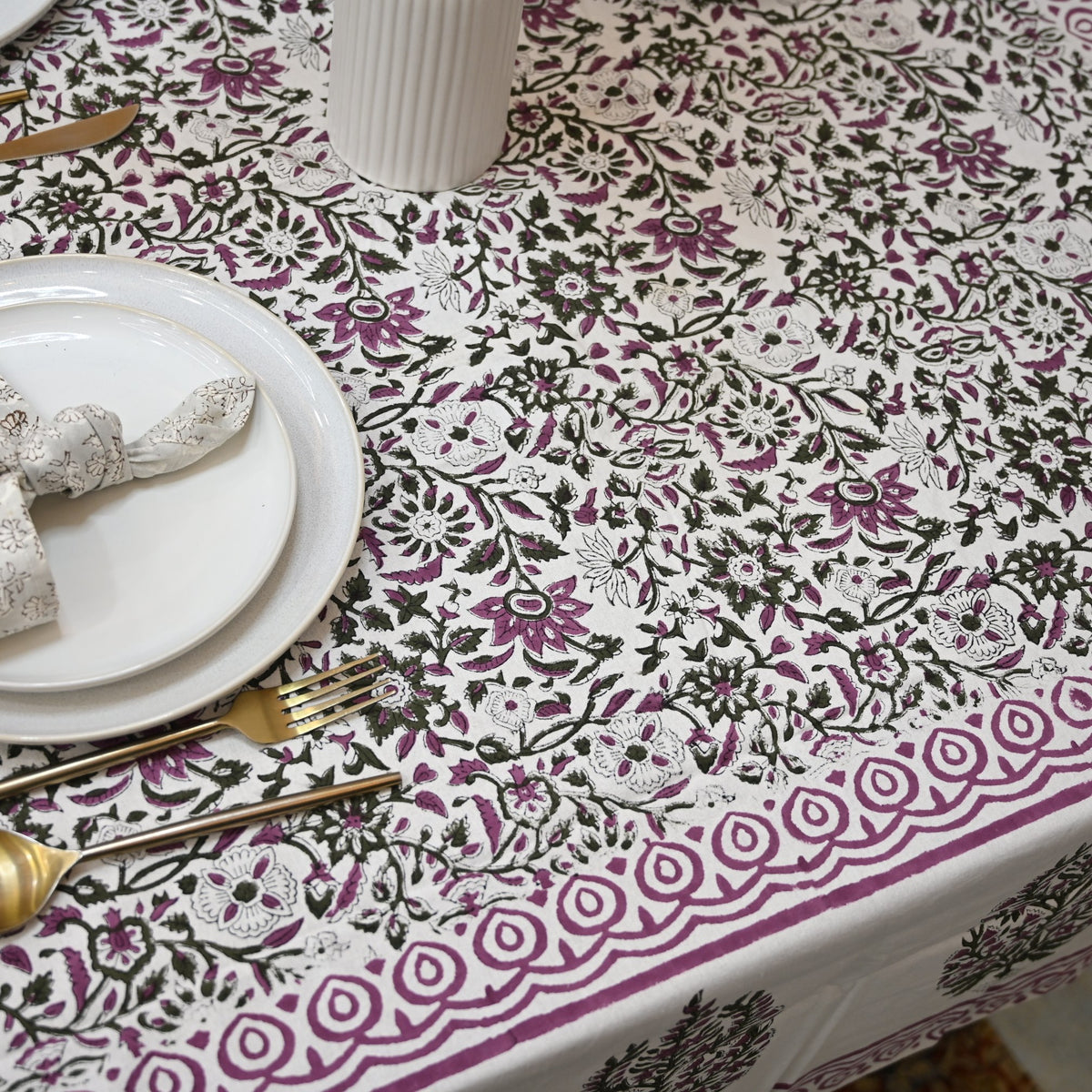 Solace Floral Purple Cotton - Tablecloth - Three Border