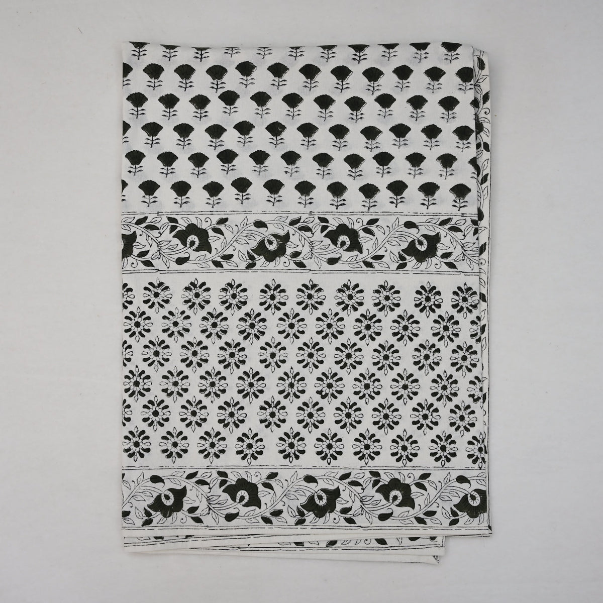 Leoy Floral Black Cotton Tablecloth - Three Border