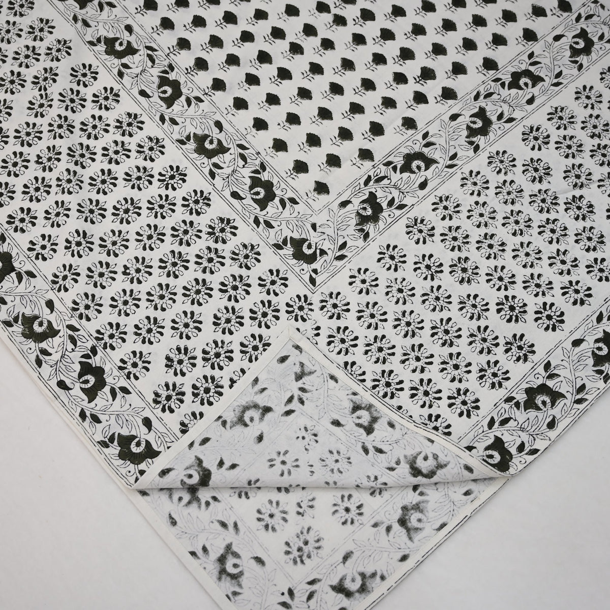 Leoy Floral Black Cotton Tablecloth - Three Border