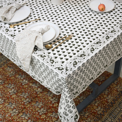 Leoy Floral Black Cotton Tablecloth - Three Border