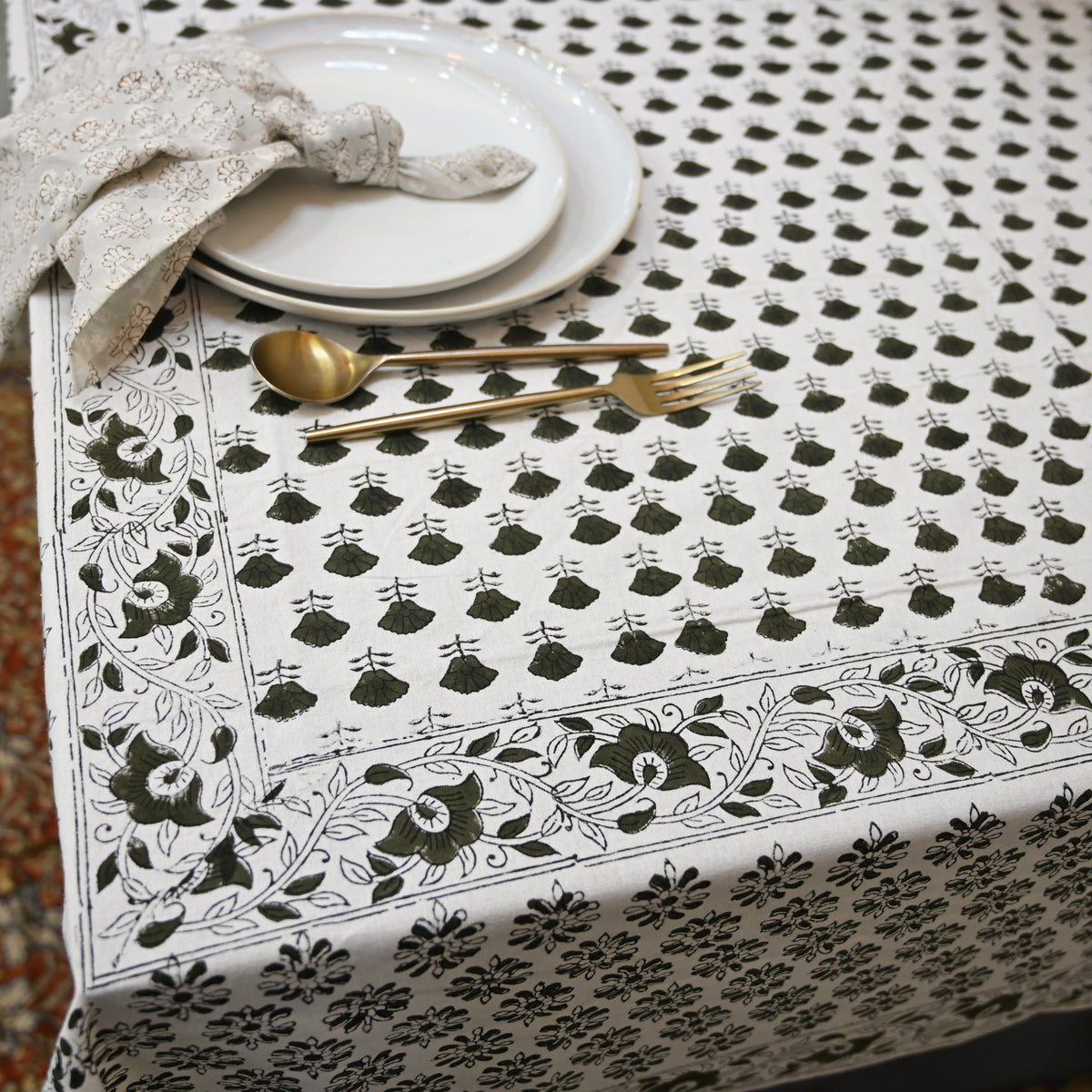 Leoy Floral Black Cotton Tablecloth - Three Border