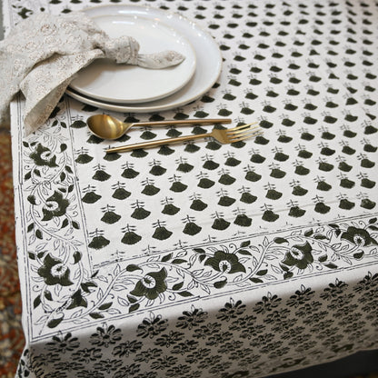Leoy Floral Black Cotton Tablecloth - Three Border