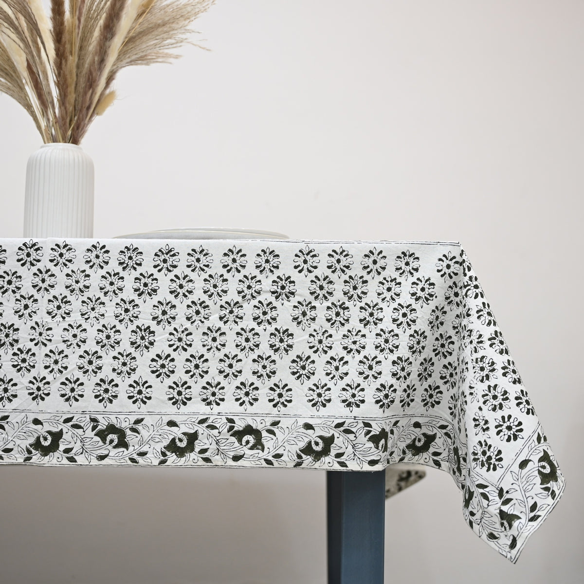 Leoy Floral Black Cotton Tablecloth - Three Border
