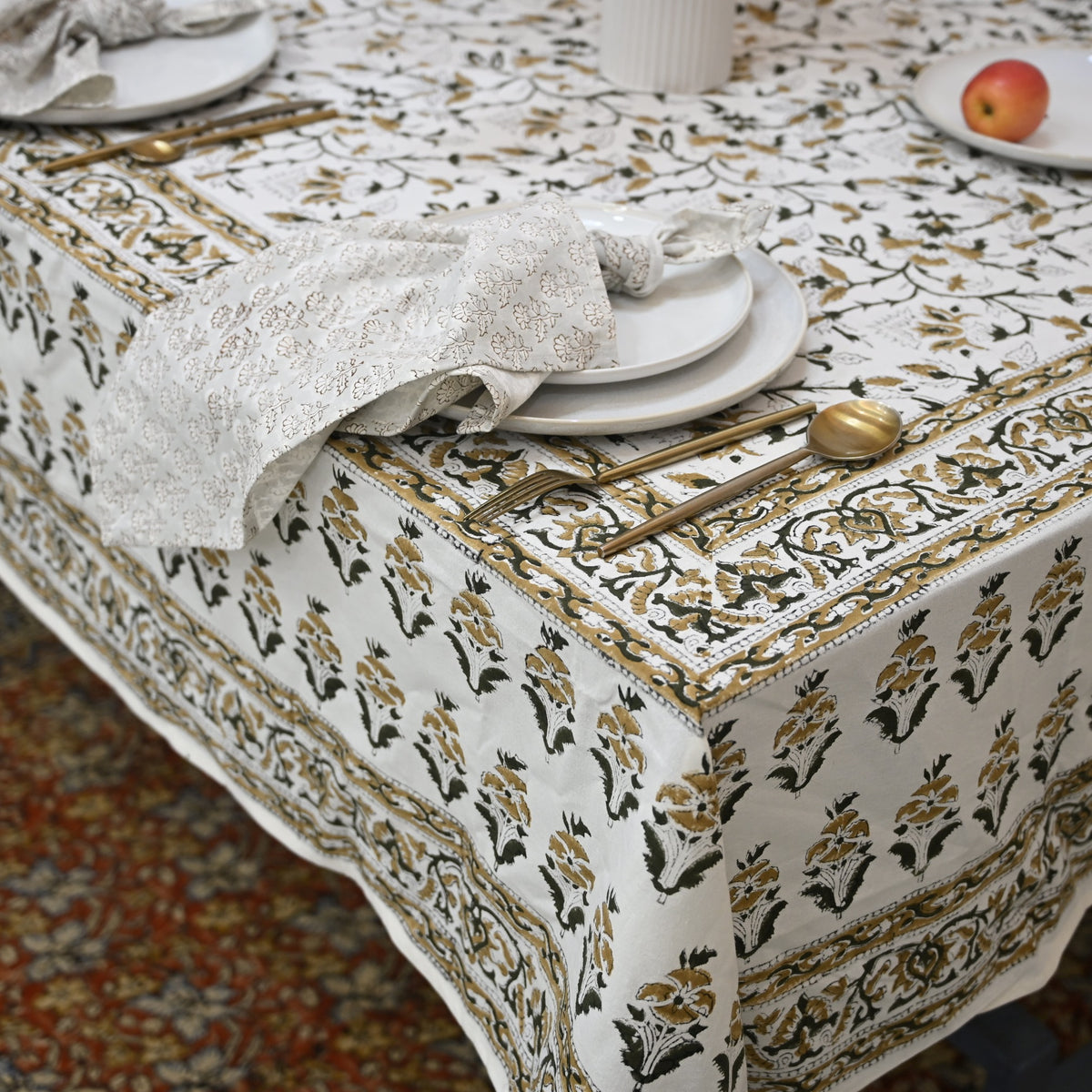 Ariana Mustard Yellow Cotton Tablecloth - Three Border
