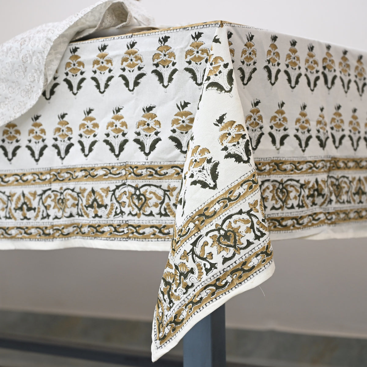 Ariana Mustard Yellow Cotton Tablecloth - Three Border
