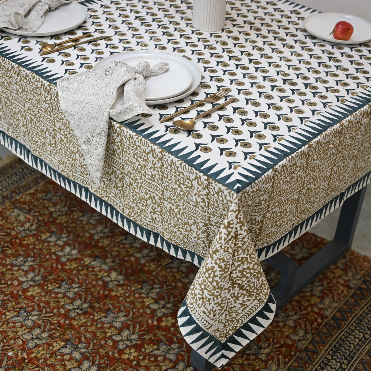 Ravell  Floral Mustard Yellow Cotton Tablecloth - Three Border