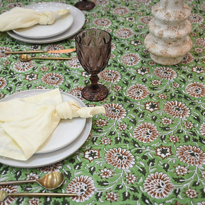 Lillian Floral Green Cotton Tablecloth - Single Border