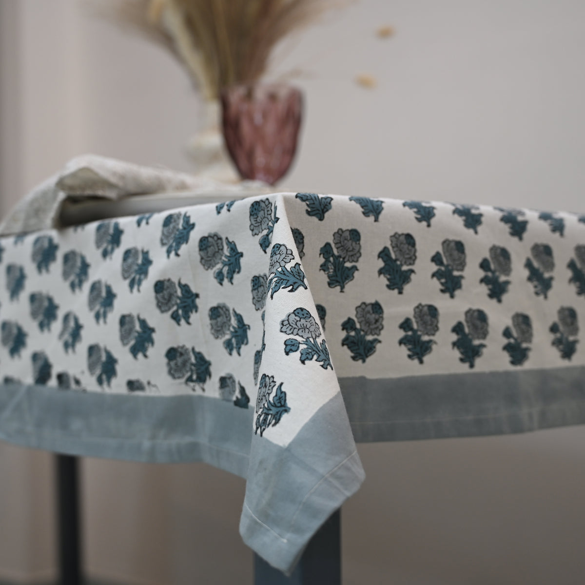 Granit Floral Blue Cotton Tablecloth - Single Border