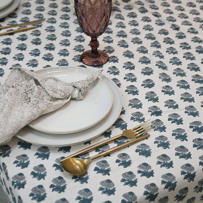Granit Floral Blue Cotton Tablecloth - Single Border