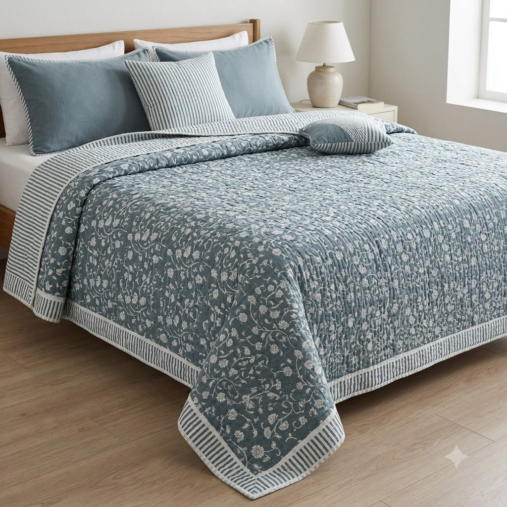Elliot Botanical Hand Block Printed Quilt