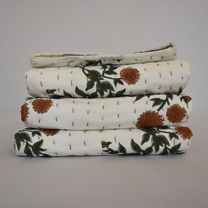 Cavera Floral Hand Block Printed Quilt
